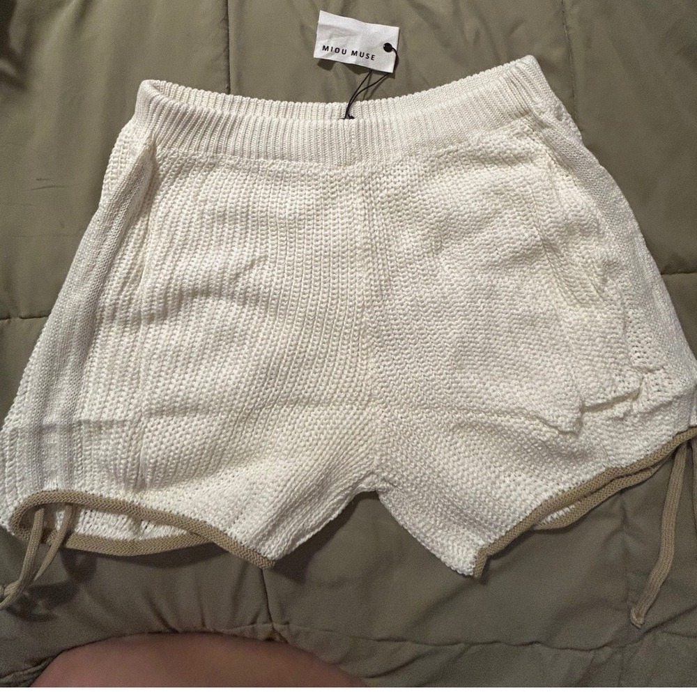 Miou Muse Ivory Knit Crochet Style Shorts with Side Ties Size M NEW Resortwear